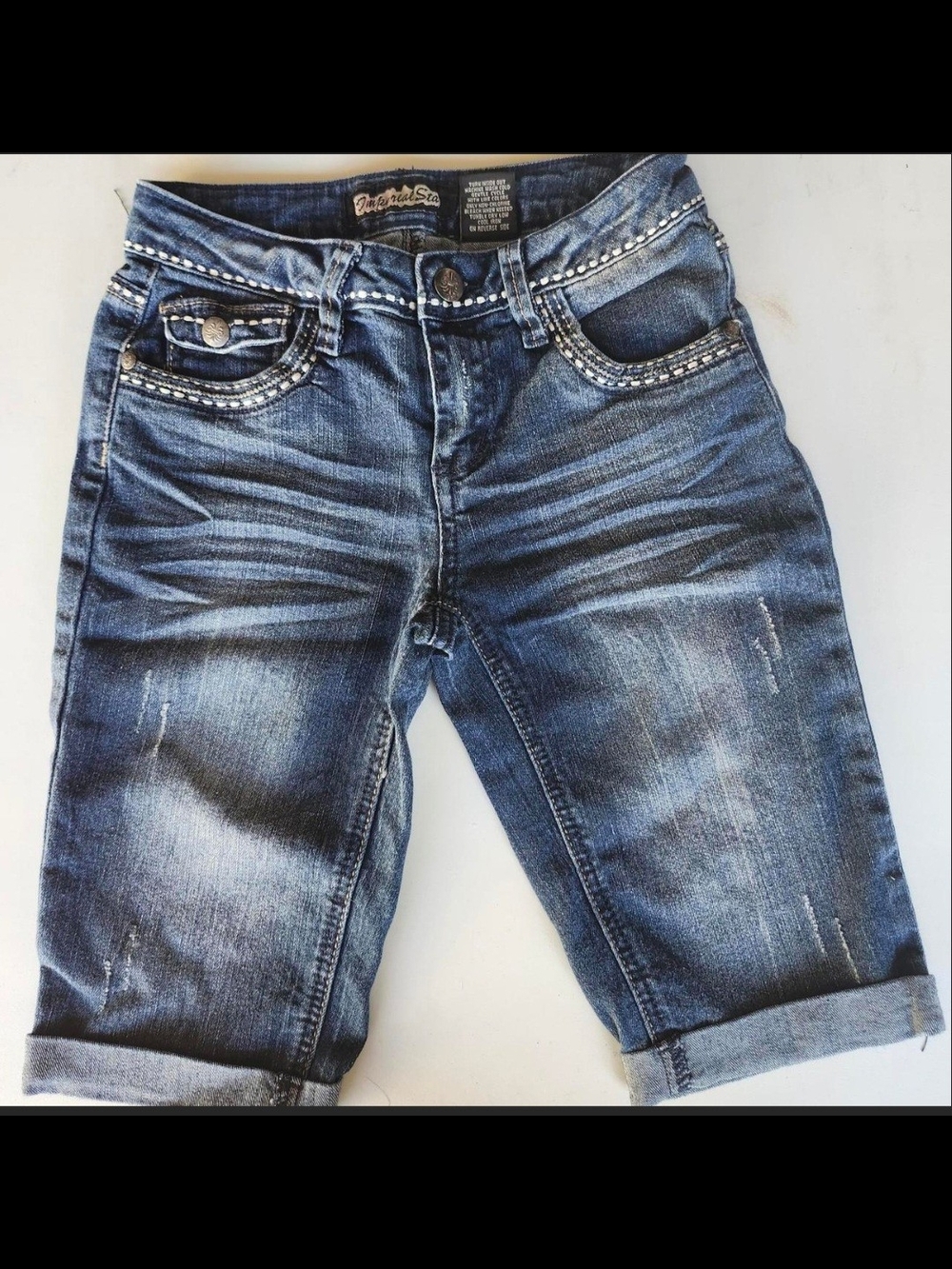Imperial Star Blue Distressed Denim Bermuda Shorts with Studded Trim
